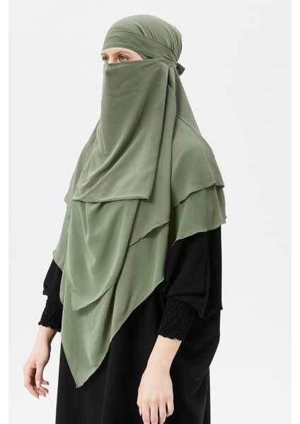 Hazır Pratik Şifon Üç Katlı Peçeli Üçgen Hac Umre Şalı Sufle Hijab Nikap - Fıstık Yeşili indirimleri