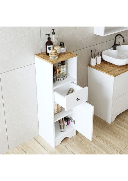 Banyo Dolabı Mdf 107 x 35 cm Çekmeceli Banyo Boy Dolabı Mat Beyaz