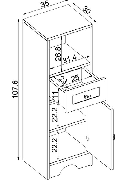 Banyo Dolabı Mdf 107 x 35 cm Çekmeceli Banyo Boy Dolabı Mat Beyaz