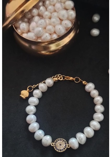 24K Altın Kaplama Gerçek Inci Küçük Zirkon Taşlı Nazar Detaylı Tasarım Bileklik