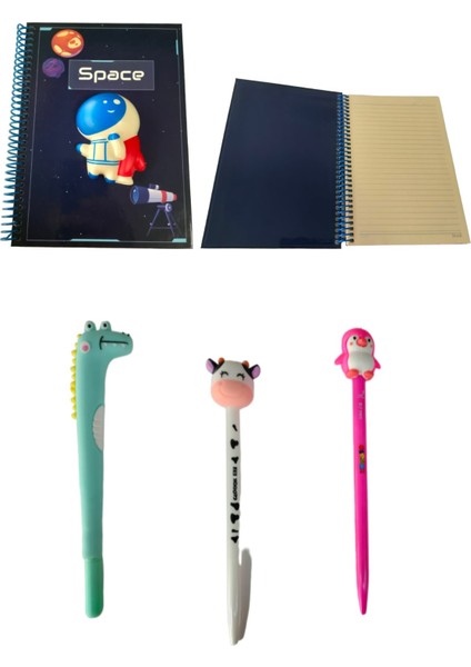 Baskılı Squishy Defter Defter Uzay Çizgili 3'lü Kalem Seti