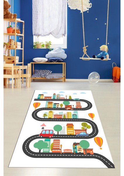 Kaymaz Taban Yıkanabilir Trafik Araba Eğlendirici Çocuk Odası Oyun Halısı, Çocuk-18-Beyaz,