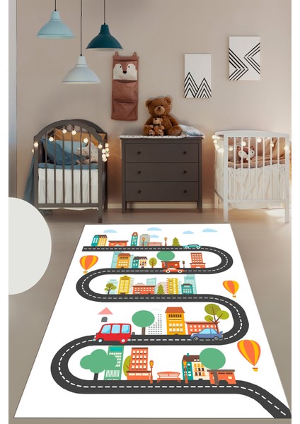 Kaymaz Taban Yıkanabilir Trafik Araba Eğlendirici Çocuk Odası Oyun Halısı, Çocuk-18-Beyaz, indirimleri