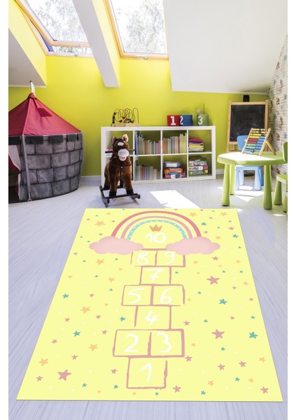 Kaymaz Taban Yıkanabilir Yıldızlı Sek Sek Desen Çocuk Odası Oyun Halısı, Çocuk-12-Sarı, indirimleri