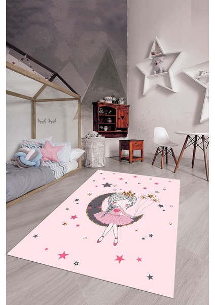Kaymaz Taban Yıkanabilir Ayda Oturan Prenses Desenli Çocuk Odası Halısı, Çocuk-13-Pembe, modelleri