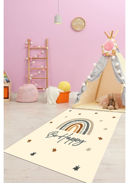 Kaymaz Taban Yıkanabilir Be Happy Yazılı Gökküşağı Desenli Çocuk Halısı, Çocuk-14-Krem,