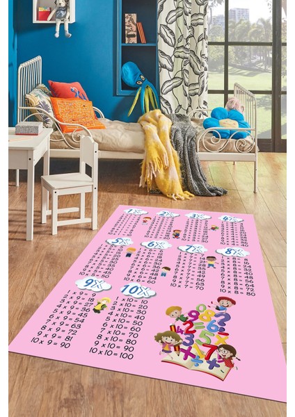 Dijital Baskılı Kaymaz Yıkanabilir Çarpım Tablosu Desenli Çocuk Odası Halısı, Çocuk-05-Pembe, indirimleri