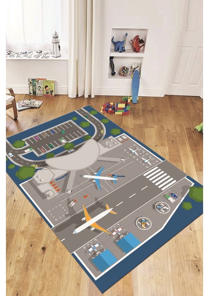 Havalimanı Uçak Temalı Eğitici Eğkendirici Çocuk Odası Oyun Halısı, Çocuk-50-Mavi,