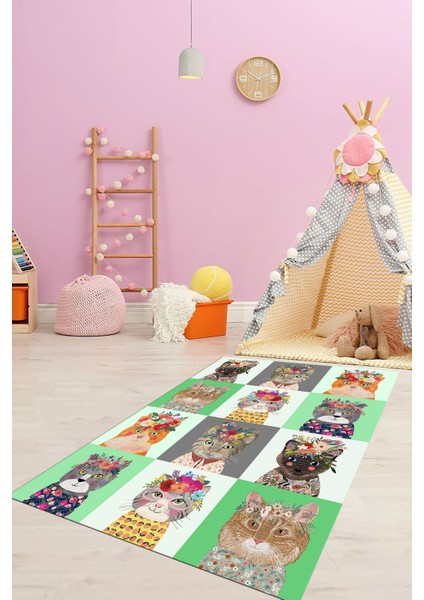 Dijital Baskılı Kaymaz Yıkanabilir Renkli Kedi Desenli Çocuk Odası Halısı, Çocuk-11-Yeşil,