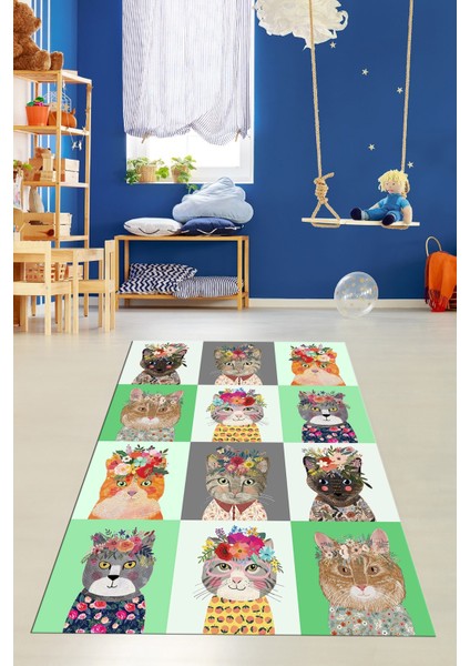 Dijital Baskılı Kaymaz Yıkanabilir Renkli Kedi Desenli Çocuk Odası Halısı, Çocuk-11-Yeşil, fiyatları