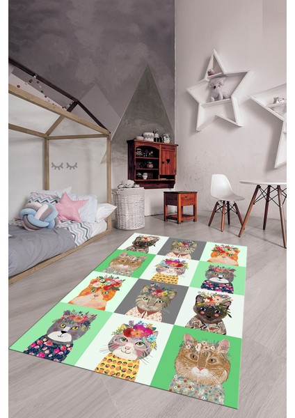Dijital Baskılı Kaymaz Yıkanabilir Renkli Kedi Desenli Çocuk Odası Halısı, Çocuk-11-Yeşil, modelleri