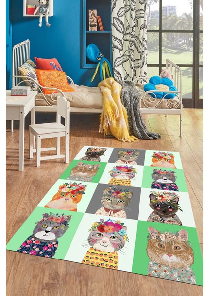 Dijital Baskılı Kaymaz Yıkanabilir Renkli Kedi Desenli Çocuk Odası Halısı, Çocuk-11-Yeşil, fırsatları