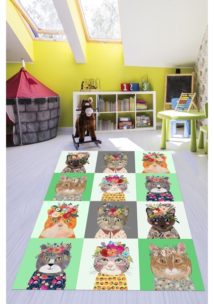 Dijital Baskılı Kaymaz Yıkanabilir Renkli Kedi Desenli Çocuk Odası Halısı, Çocuk-11-Yeşil, indirimleri