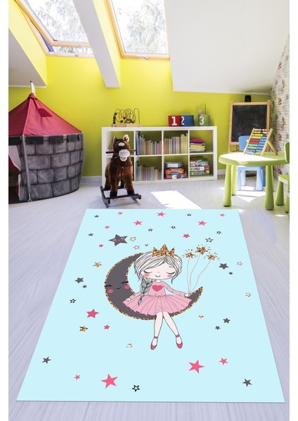 Kaymaz Taban Yıkanabilir Ayda Oturan Prenses Desenli Çocuk Odası Halısı, Çocuk-13-Mavi, indirimleri