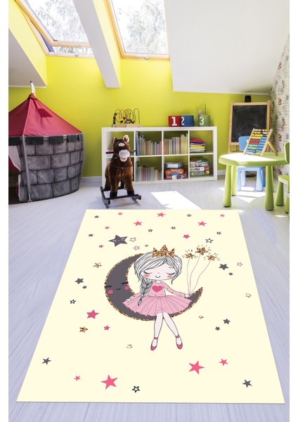 Kaymaz Taban Yıkanabilir Ayda Oturan Prenses Desenli Çocuk Odası Halısı, Çocuk-13-Krem, indirimleri
