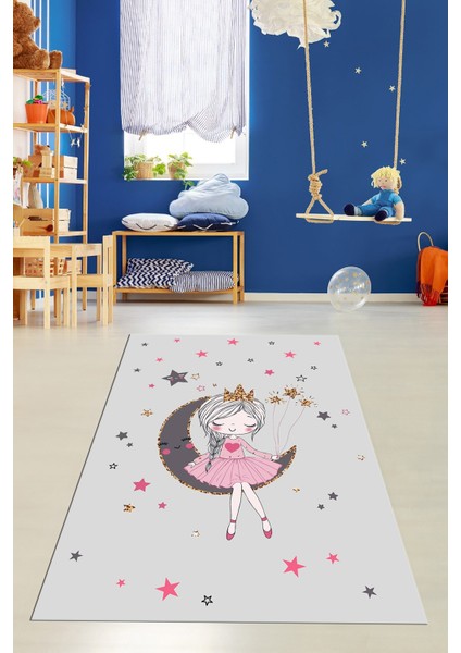 Kaymaz Taban Yıkanabilir Ayda Oturan Prenses Desenli Çocuk Odası Halısı, Çocuk-13-Gri, fiyatları