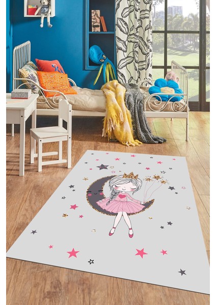 Kaymaz Taban Yıkanabilir Ayda Oturan Prenses Desenli Çocuk Odası Halısı, Çocuk-13-Gri, fırsatları