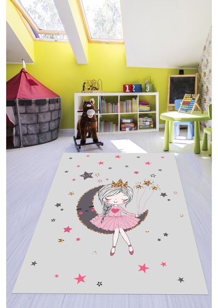 Kaymaz Taban Yıkanabilir Ayda Oturan Prenses Desenli Çocuk Odası Halısı, Çocuk-13-Gri, indirimleri