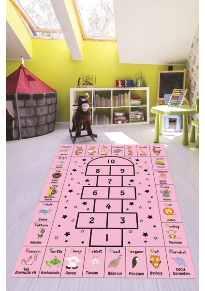 Sek Sek Desen Ingilizce Öğretici Eğitici Çocuk Odası Oyun Halısı, Çocuk-36-Pembe,