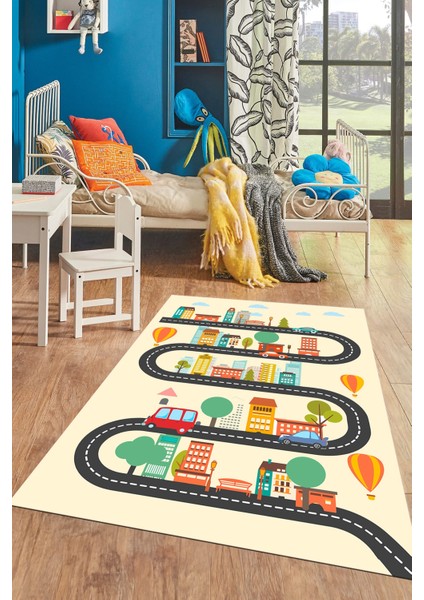 Kaymaz Taban Yıkanabilir Trafik Araba Eğlendirici Çocuk Odası Oyun Halısı, Çocuk-18-Krem, modelleri