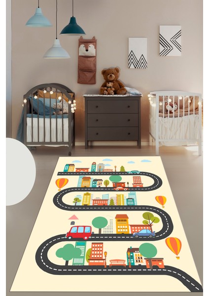 Kaymaz Taban Yıkanabilir Trafik Araba Eğlendirici Çocuk Odası Oyun Halısı, Çocuk-18-Krem, indirimleri
