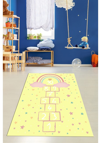 Kaymaz Taban Yıkanabilir Yıldızlı Sek Sek Desen Çocuk Odası Oyun Halısı, Çocuk-12-Sarı,