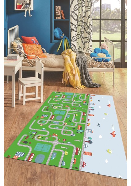 Dijital Baskılı Kaymaz Yıkanabilir Şehir Trafik Temalı Çocuk Odası Oyun Halısı, Çocuk-19-Yeşil, modelleri