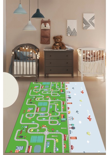 Dijital Baskılı Kaymaz Yıkanabilir Şehir Trafik Temalı Çocuk Odası Oyun Halısı, Çocuk-19-Yeşil, indirimleri