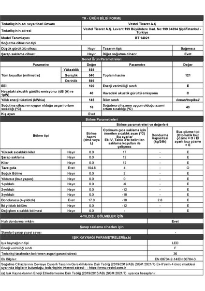 Bt 14021 121 Lt E Enerji Sınıfı Statik Sığutucu Mini Buzdolabı