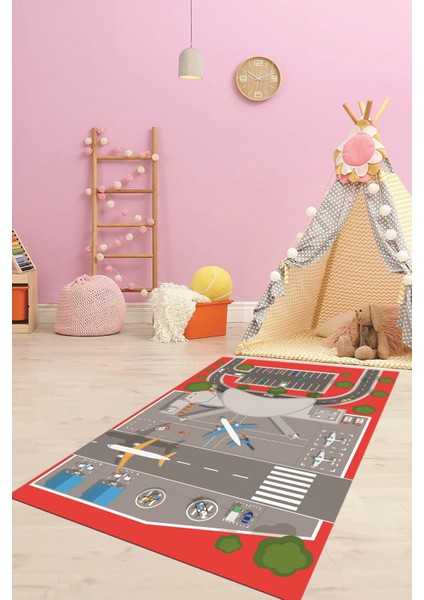 Havalimanı Uçak Temalı Eğitici Eğkendirici Çocuk Odası Oyun Halısı, Çocuk-50-Kırmızı, modelleri