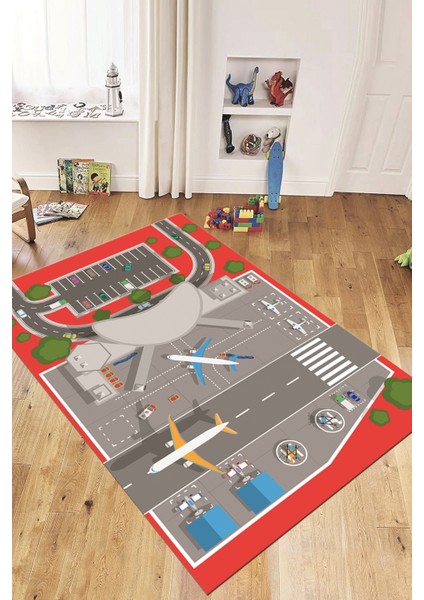 Havalimanı Uçak Temalı Eğitici Eğkendirici Çocuk Odası Oyun Halısı, Çocuk-50-Kırmızı,