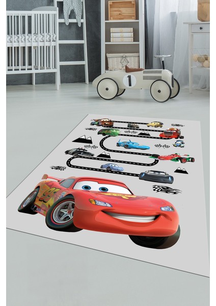Dijital Baskılı Kaymaz Yıkanabilir Renkli Arabalar Eğitici Çocuk Odası Halısı, Çocuk-03-Gri,
