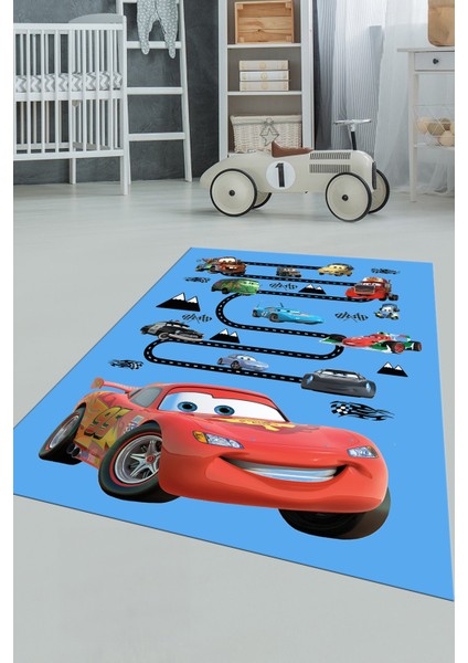Dijital Baskılı Kaymaz Yıkanabilir Renkli Arabalar Eğitici Çocuk Odası Halısı, Çocuk-03-Mavi,