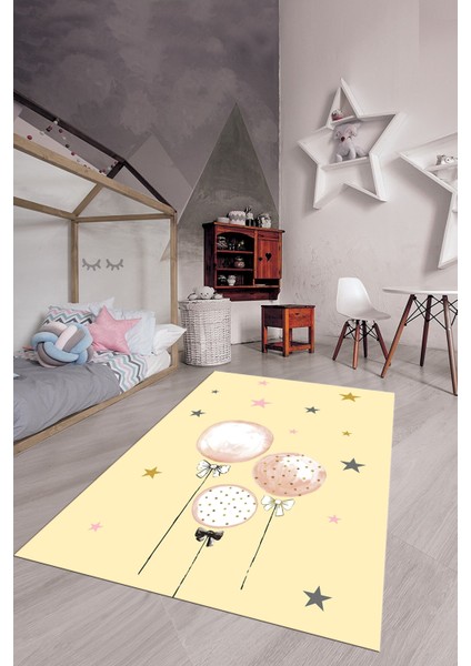 Dijital Baskılı Kaymaz Yıkanabilir Balon Yıldız Desenli Çocuk Odası Halısı, Çocuk-24-Krem,