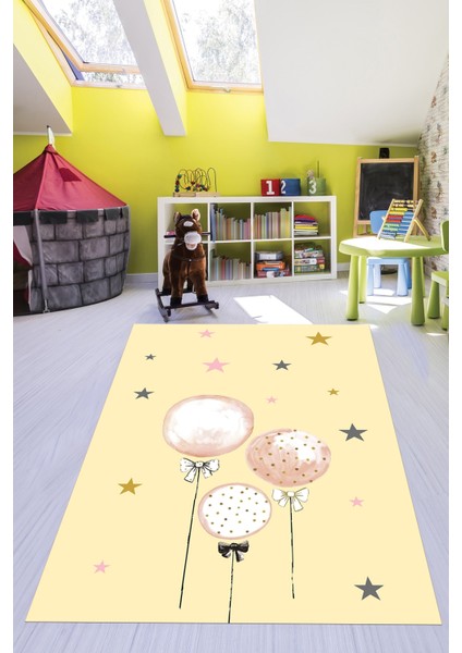 Dijital Baskılı Kaymaz Yıkanabilir Balon Yıldız Desenli Çocuk Odası Halısı, Çocuk-24-Krem, modelleri
