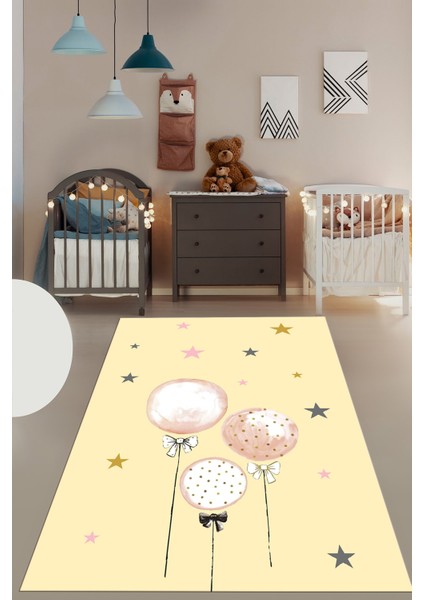 Dijital Baskılı Kaymaz Yıkanabilir Balon Yıldız Desenli Çocuk Odası Halısı, Çocuk-24-Krem, fırsatları