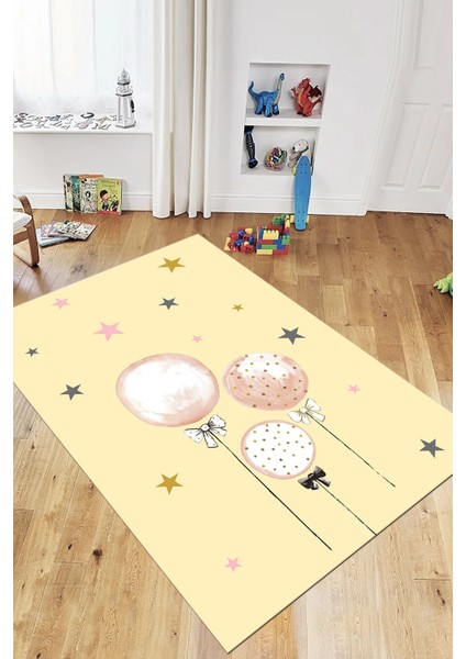 Dijital Baskılı Kaymaz Yıkanabilir Balon Yıldız Desenli Çocuk Odası Halısı, Çocuk-24-Krem, indirimleri
