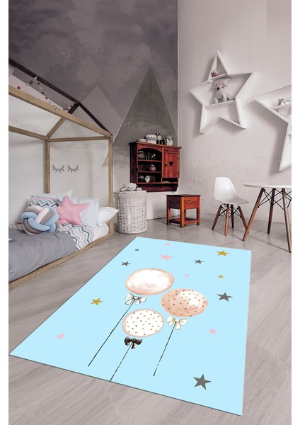 Dijital Baskılı Kaymaz Yıkanabilir Balon Yıldız Desenli Çocuk Odası Halısı, Çocuk-24-Mavi,