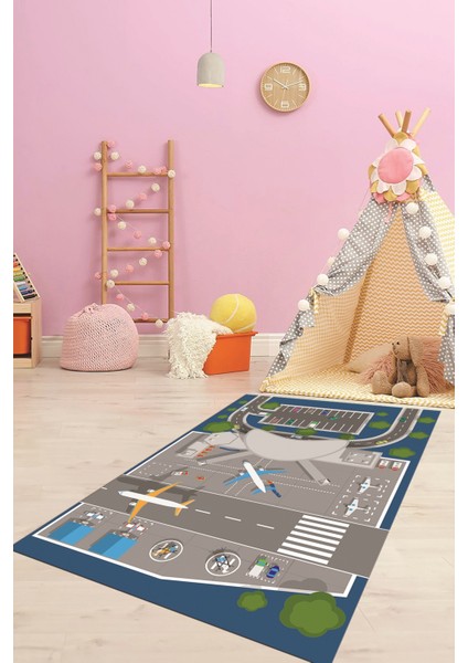 Havalimanı Uçak Temalı Eğitici Eğkendirici Çocuk Odası Oyun Halısı, Çocuk-50-Mavi, modelleri
