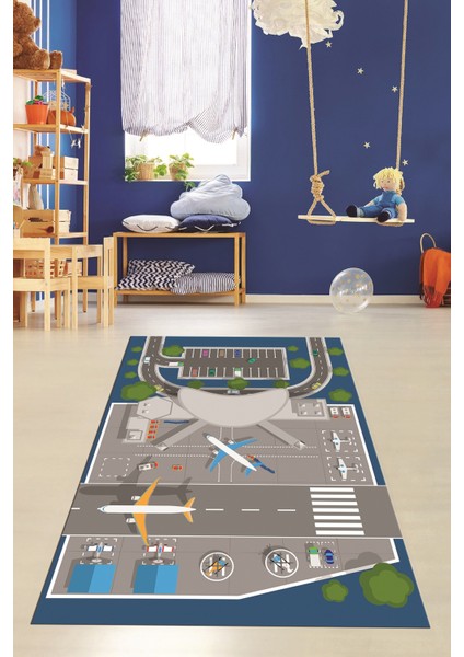Havalimanı Uçak Temalı Eğitici Eğkendirici Çocuk Odası Oyun Halısı, Çocuk-50-Mavi, fırsatları