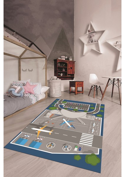 Havalimanı Uçak Temalı Eğitici Eğkendirici Çocuk Odası Oyun Halısı, Çocuk-50-Mavi, indirimleri