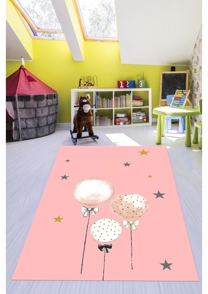 Dijital Baskılı Kaymaz Yıkanabilir Balon Yıldız Desenli Çocuk Odası Halısı, Çocuk-24-Pembe, modelleri