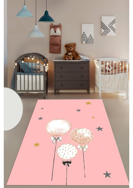 Dijital Baskılı Kaymaz Yıkanabilir Balon Yıldız Desenli Çocuk Odası Halısı, Çocuk-24-Pembe, fırsatları