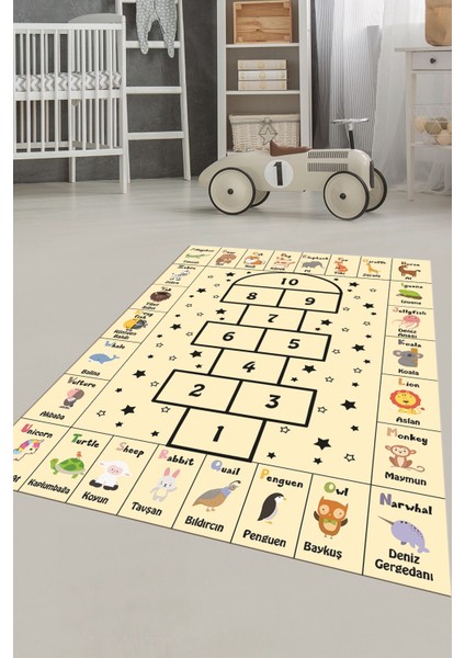 Sek Sek Desen Ingilizce Öğretici Eğitici Çocuk Odası Oyun Halısı, Çocuk-36-Krem, fırsatları