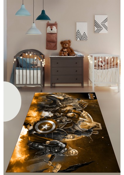 Dijital Baskılı Kaymaz Yıkanabilir Çizgifilm Temalı Çocuk Odası Halısı, Çocuk-39-Kahve,