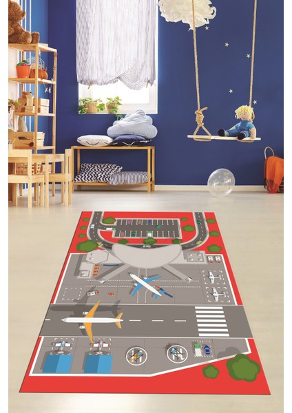 Havalimanı Uçak Temalı Eğitici Eğkendirici Çocuk Odası Oyun Halısı, Çocuk-50-Kırmızı, fırsatları