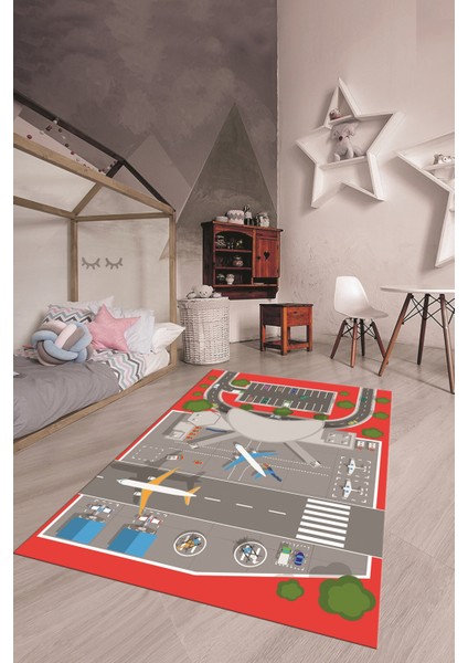 Havalimanı Uçak Temalı Eğitici Eğkendirici Çocuk Odası Oyun Halısı, Çocuk-50-Kırmızı, indirimleri