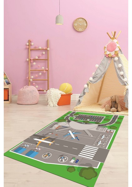 Havalimanı Uçak Temalı Eğitici Eğkendirici Çocuk Odası Oyun Halısı, Çocuk-50-Yeşil, modelleri
