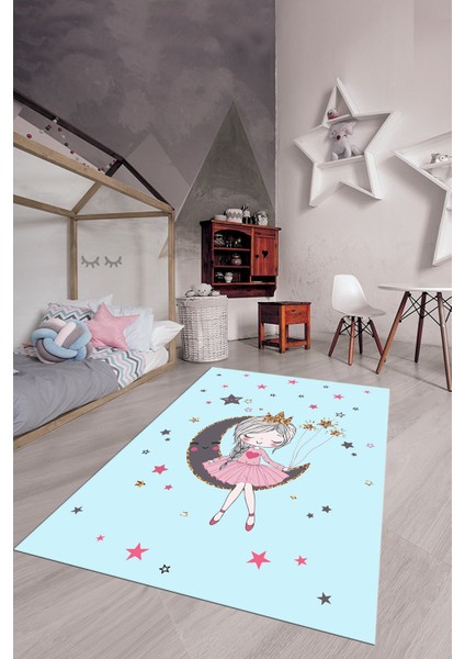 Kaymaz Taban Yıkanabilir Ayda Oturan Prenses Desenli Çocuk Odası Halısı, Çocuk-13-Mavi, modelleri