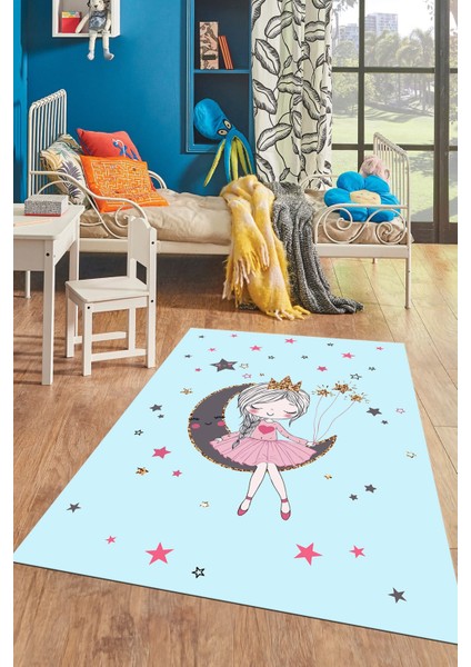 Kaymaz Taban Yıkanabilir Ayda Oturan Prenses Desenli Çocuk Odası Halısı, Çocuk-13-Mavi, fırsatları